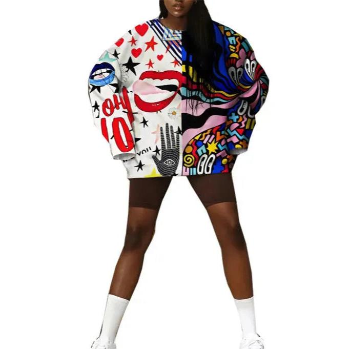 Ladies Loose Casual Printed Round Neck Long Sleeve Sweater - Bellarte Enchanté Ladies Loose Casual Printed Round Neck Long Sleeve Sweater